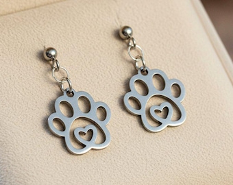 Dog Paw Charm Drop Stud Earrings-Silver
