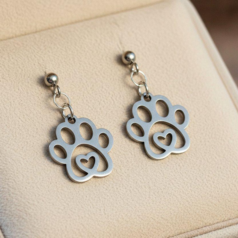 Dog Paw Charm Drop Stud Earrings-Silver - - LadybugfeetDesigns -