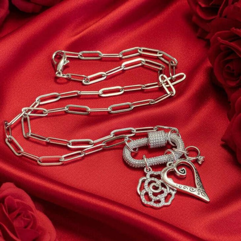 Romantic Rose, Heart, Diamond Ring Carabiner Necklace, Silver - Adjusts up to 20 inches - - LadybugfeetDesigns -