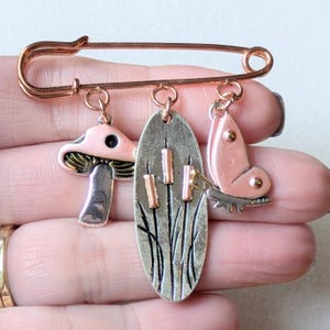 Whimsical Nature Safety Pin Brooch, Purse Charm, Rose Gold - - LadybugfeetDesigns -