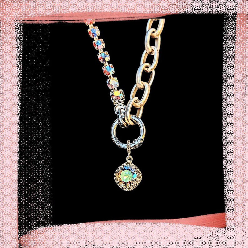 Crystal & Silver Snap Ring Necklace, Matte Silver - 22 inch - - LadybugfeetDesigns -