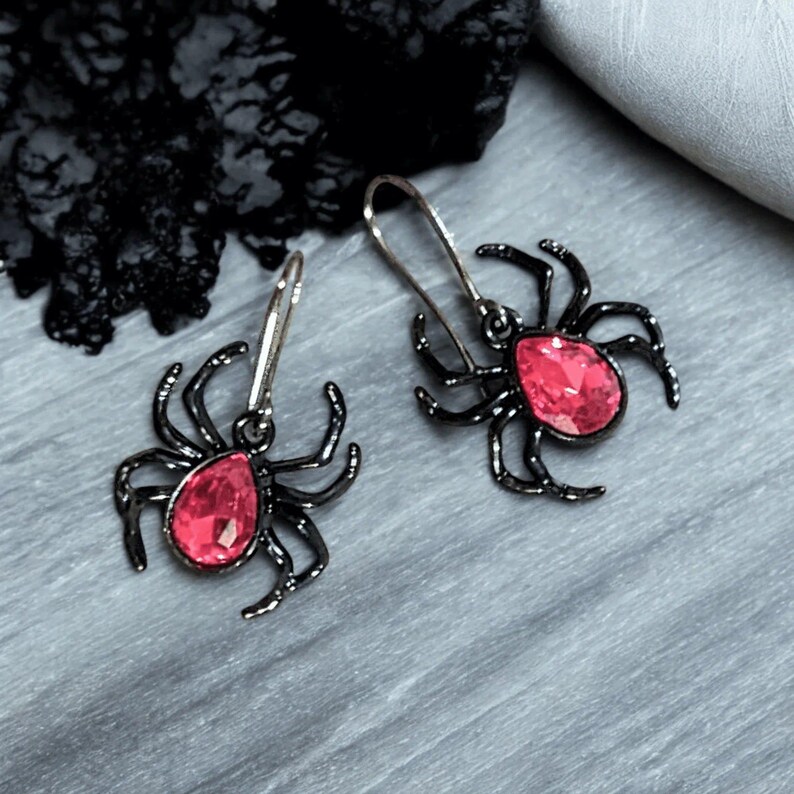 Red Crystal Spider Earrings - - LadybugfeetDesigns -