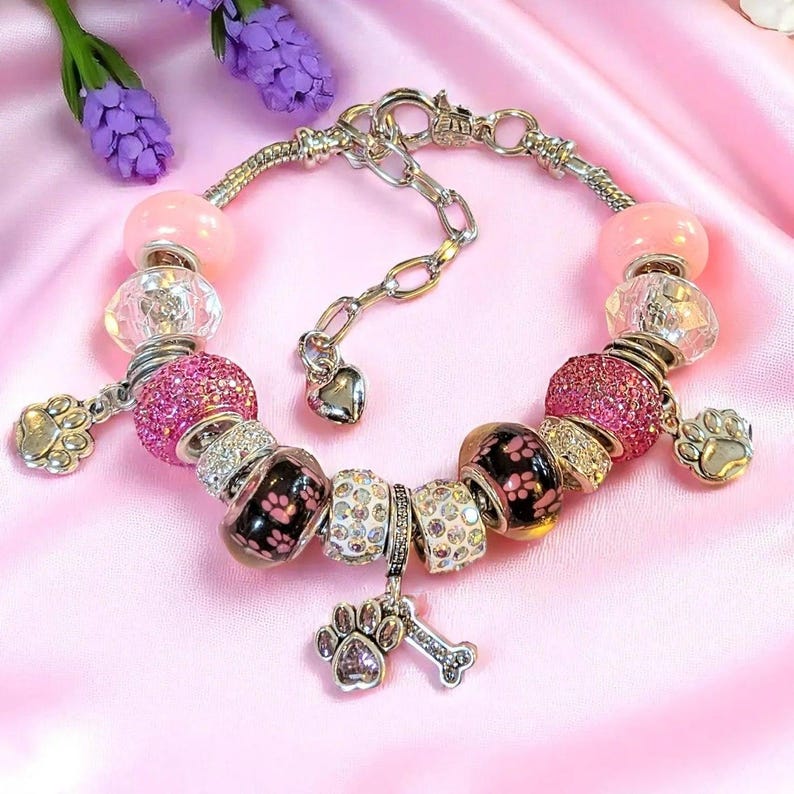 Dog Paw European beaded bracelet - Silver - - LadybugfeetDesigns -