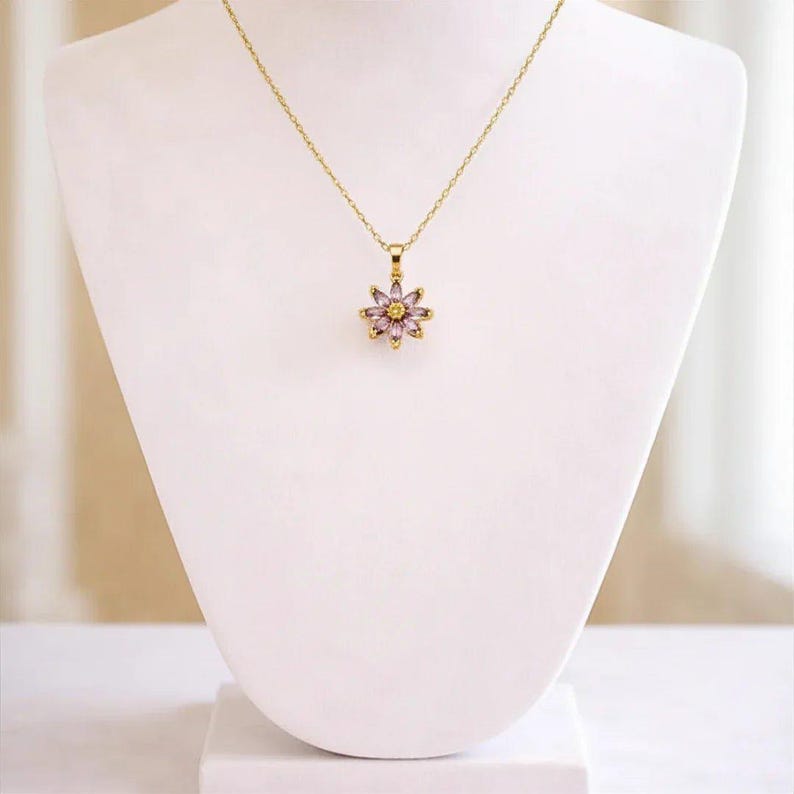 Purple CZ Flower necklace, Gold - 20 inch - - LadybugfeetDesigns -