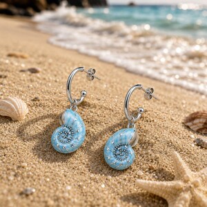 Blue Sea Snail Hoop Earrings, Silver - 16mm - - LadybugfeetDesigns -