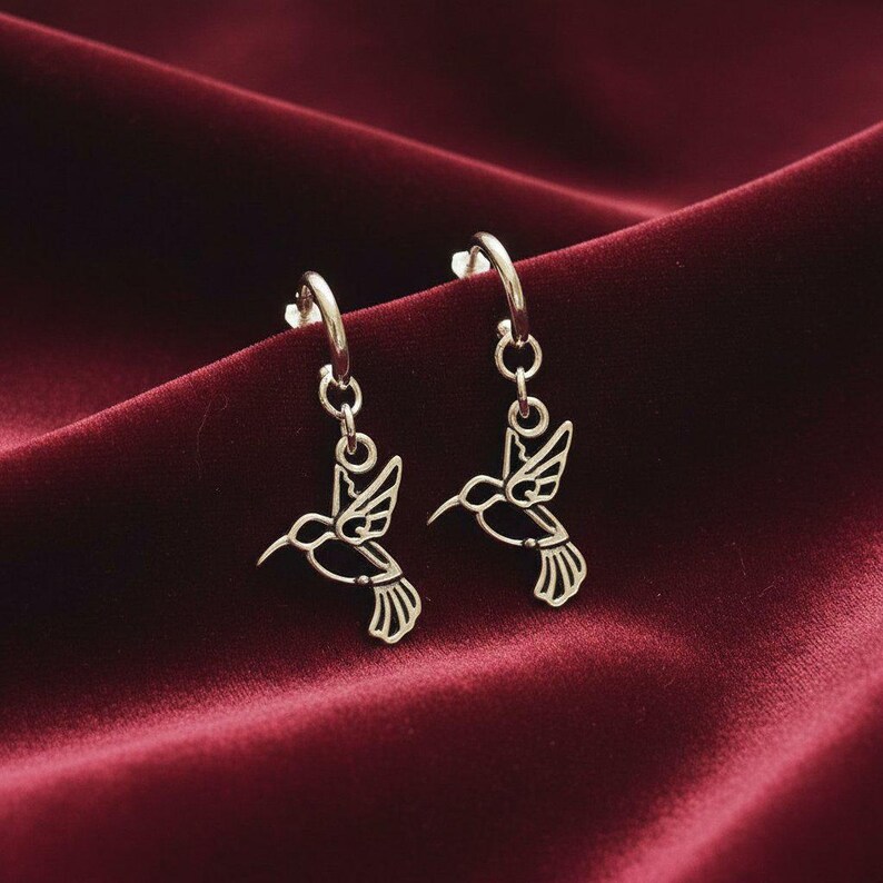 HUMMINGBIRD Hoop Earrings,Silver - 12mm - - LadybugfeetDesigns -