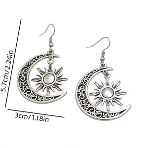 Large Filigree Crescent Moon Sun Hook Earrings, Silver - - LadybugfeetDesigns -
