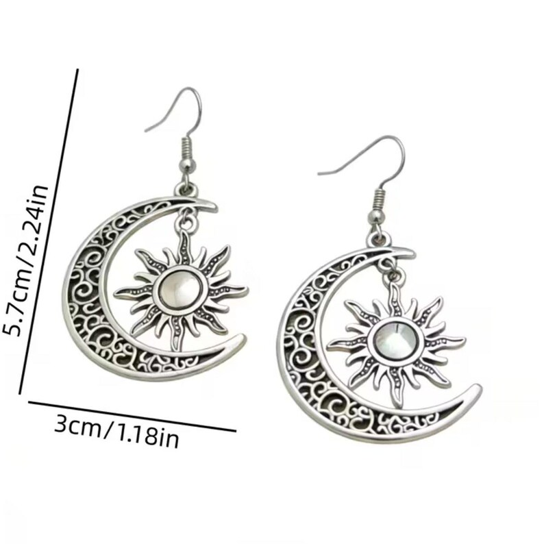 Large Filigree Crescent Moon Sun Hook Earrings, Silver - - LadybugfeetDesigns -