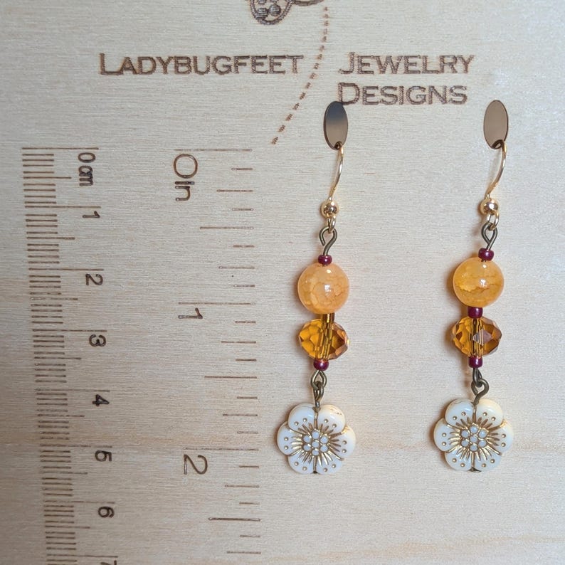 Honey Boho Flower Bead Hook Earrings, Gold - - LadybugfeetDesigns -
