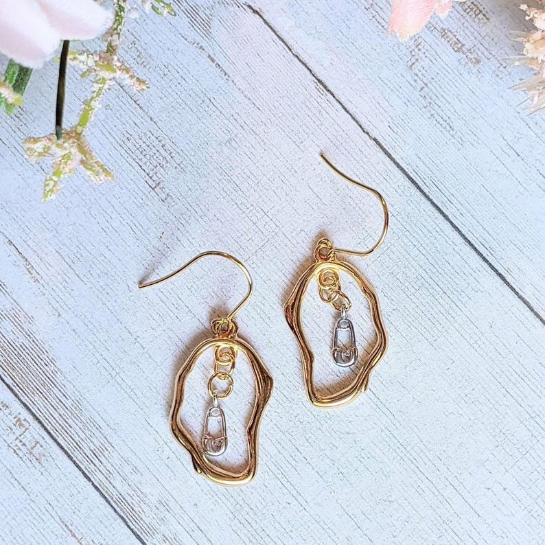 Safety Pin Two-Tone dangle earrings, Gold - - LadybugfeetDesigns -