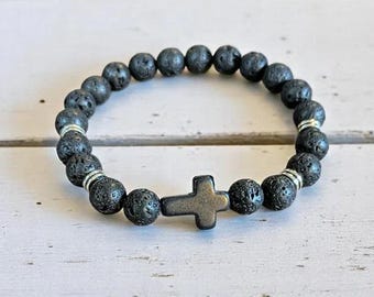Black Lava Beaded Cross Stretch Bracelet-UNISEX