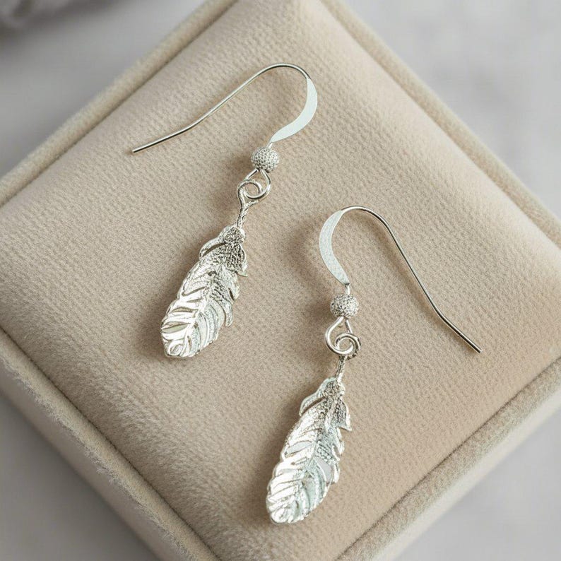 Feather Sterling Silver dangle earrings - - LadybugfeetDesigns -