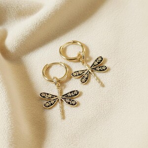 Dragonfly Huggie Hoop earrings, Gold - 12mm - - LadybugfeetDesigns -