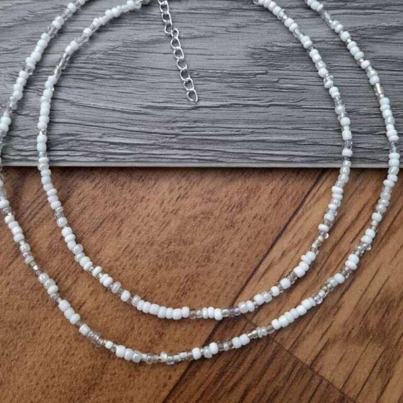 White Beaded Choker Necklace - 16 inch - - LadybugfeetDesigns -