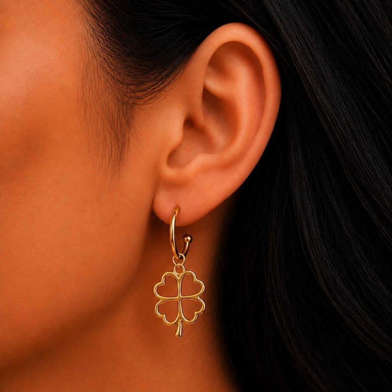Four Leaf Clover Hoop earrings, Gold - 16mm - - LadybugfeetDesigns -