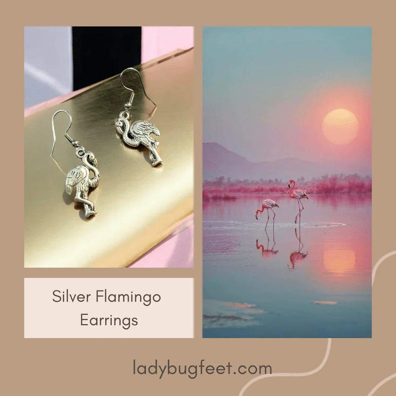 Silver Flamingo hook earrings - - LadybugfeetDesigns -