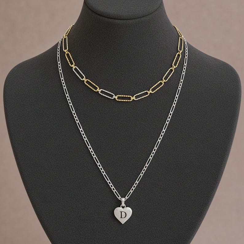 Two-Tone Paperclip & Initial Necklace Set - - LadybugfeetDesigns -