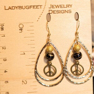 Boho Hammered Teardrop Peace Sign Bead Earrings, Gold - - LadybugfeetDesigns -