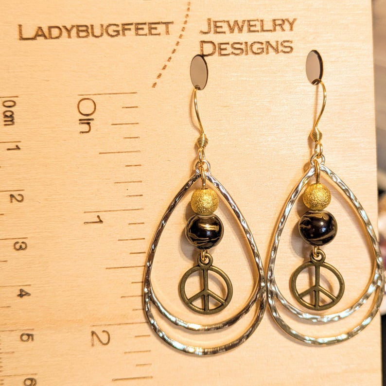 Boho Hammered Teardrop Peace Sign Bead Earrings, Gold - - LadybugfeetDesigns -