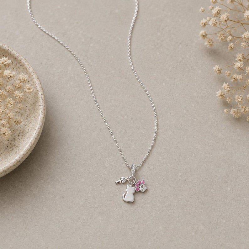 Meow Cat Trio Charm Necklace, 20 inches - Silver - - LadybugfeetDesigns -