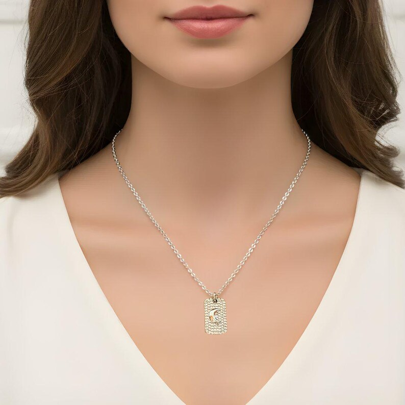 CZ Crescent Moon Tag Necklace, Silver - 20 inch - - LadybugfeetDesigns -
