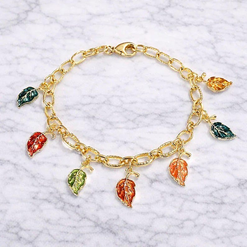Autumn Leaves Textured Gold Chain Bracelet - - LadybugfeetDesigns -