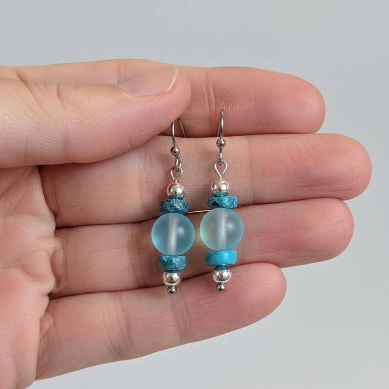 Turquoise/Blue Rainbow Glass Beaded Hook Earrings - - LadybugfeetDesigns -