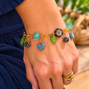 Botanical Blue Crystal Bead Bracelet, Gold - - LadybugfeetDesigns -