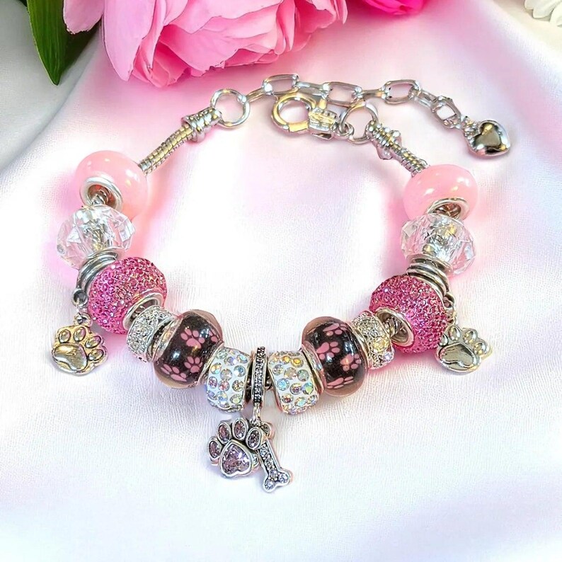 Dog Paw European beaded bracelet - Silver - - LadybugfeetDesigns -