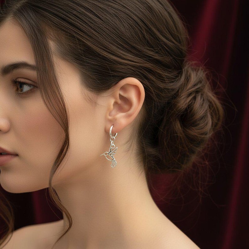 HUMMINGBIRD Sterling Hoop Earrings, Hoop Drop - - LadybugfeetDesigns -
