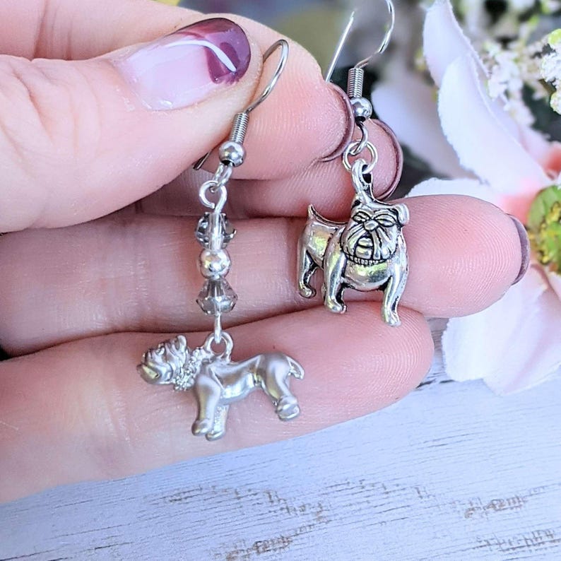 Mismatched English Bulldog crystal hook earrings - - LadybugfeetDesigns -