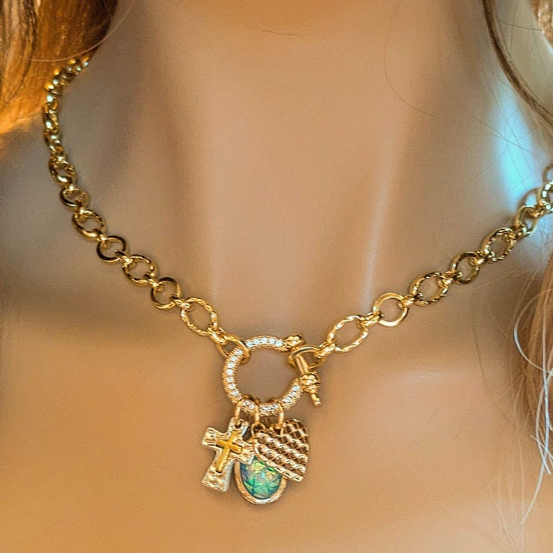 Two Tone Cross, Faux Opal and Heart Shackle Clasp Carabiner Necklace, Gold - 20 inch - - LadybugfeetDesigns -