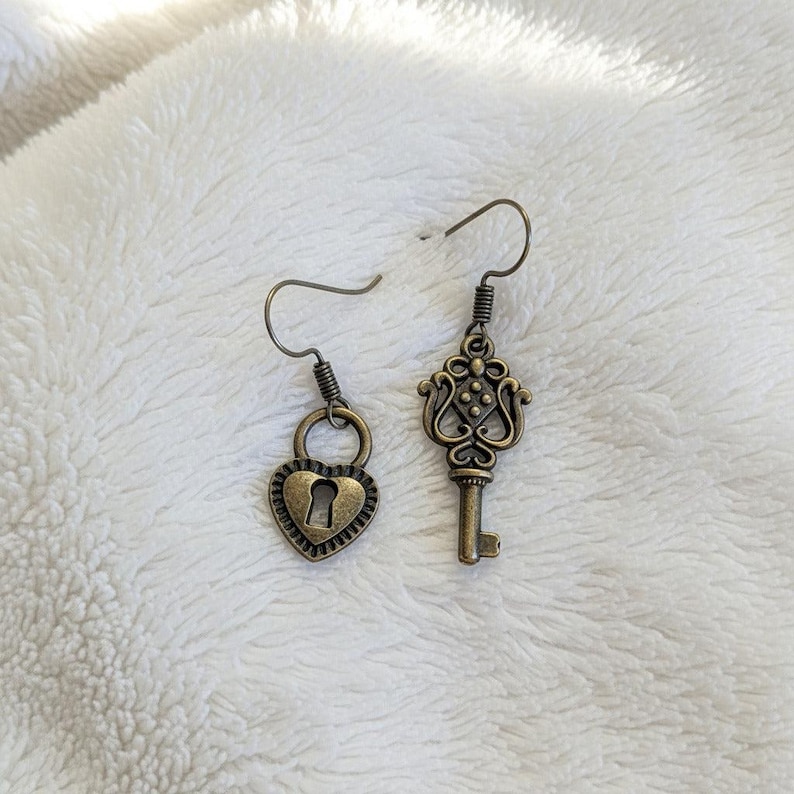 Key/Lock hook earrings, Antique Bronze - - LadybugfeetDesigns -
