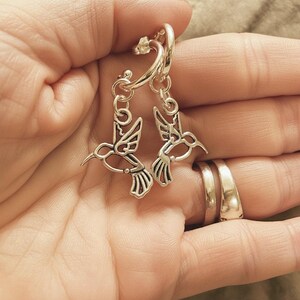 HUMMINGBIRD Sterling Hoop Earrings, Hoop Drop - - LadybugfeetDesigns -
