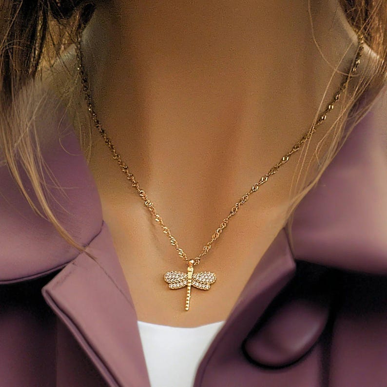 Sparkly Dragonfly necklace, Gold- 20 inch - - LadybugfeetDesigns -