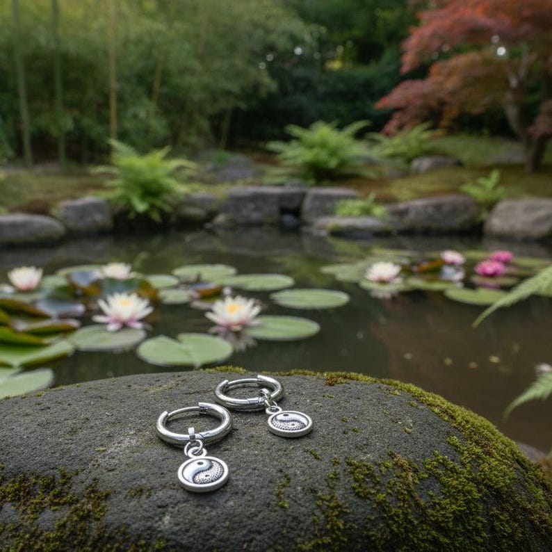 Yin Yang Huggie Hoop earrings, Silver - 12mm - - LadybugfeetDesigns -