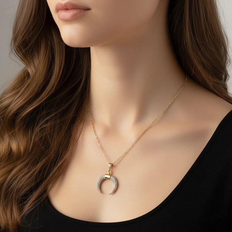 Downward Crescent Moon Necklace, Crescent Horn Necklace, Gold - - LadybugfeetDesigns -
