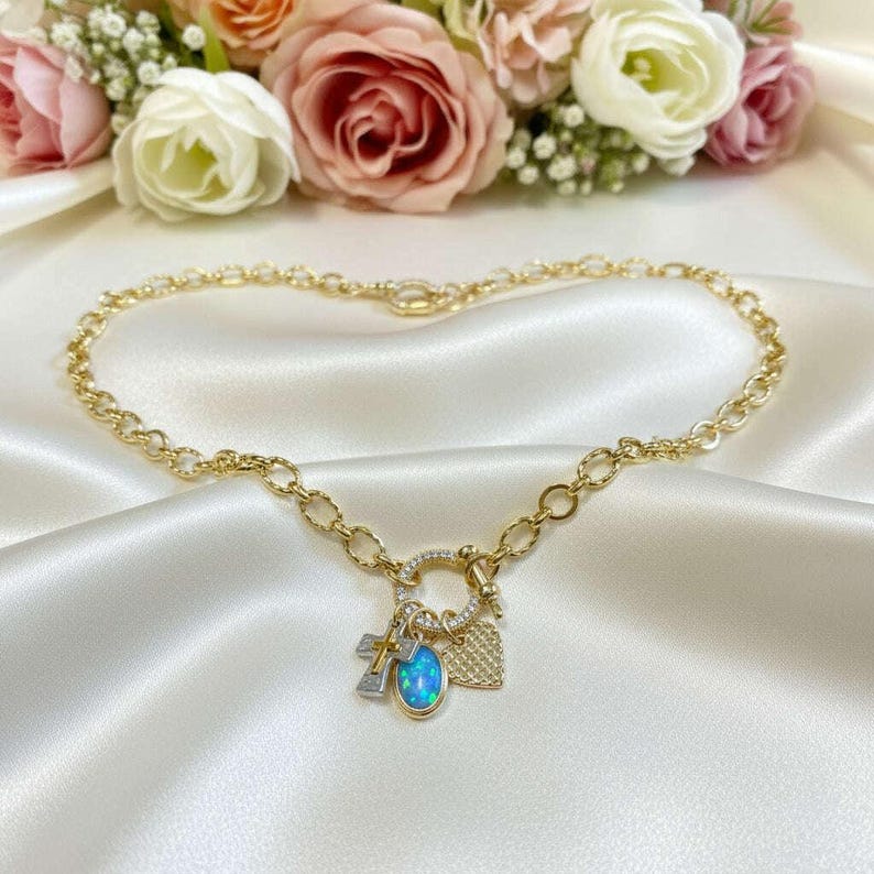 Two Tone Cross, Faux Opal and Heart Shackle Clasp Carabiner Necklace, Gold - Adjusts up to 20 inches - - LadybugfeetDesigns -