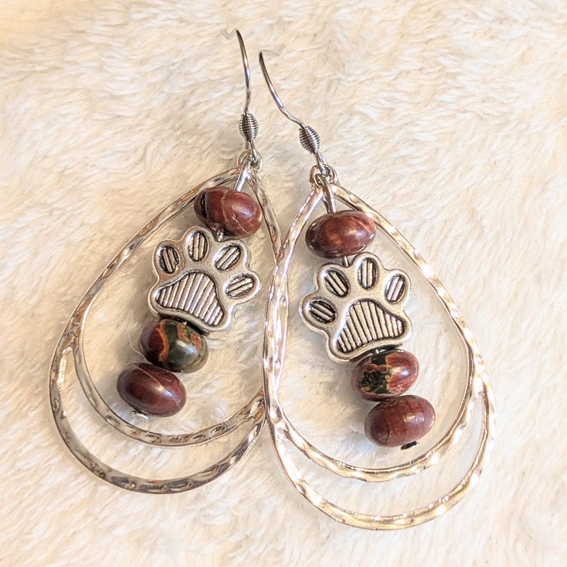 Dog/Cat Paw Print Red Bead Hammered Teardrop Hook Earrings, Silver - - LadybugfeetDesigns -