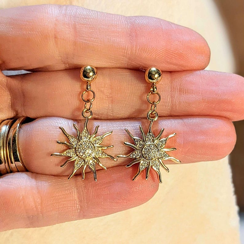 Fiery Sun Charm Drop Stud Earrings-Gold - - LadybugfeetDesigns -