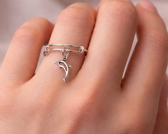 Tiny Dolphin Expandable Charm Ring, Silver