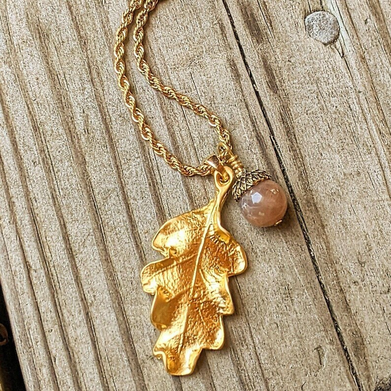 Moonstone Acorn Oak Leaf Necklace, Gold - - LadybugfeetDesigns -