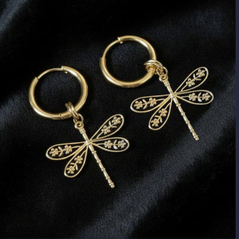 Dragonfly Huggie Hoop earrings, Gold - 12mm - - LadybugfeetDesigns -
