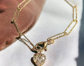 Gold CZ Melting Heart Paperclip Chain Bracelet