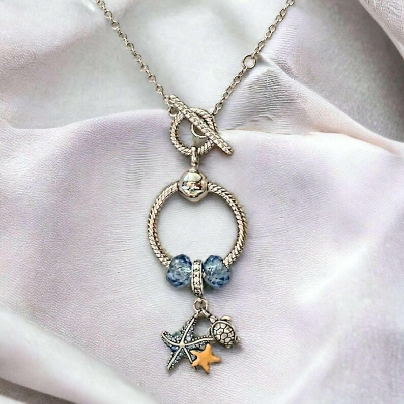 Sea Life Sterling Silver Toggle Charm Necklace, 20 inches - - LadybugfeetDesigns -