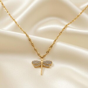 Sparkly Dragonfly necklace, Gold- 20 inch - - LadybugfeetDesigns -