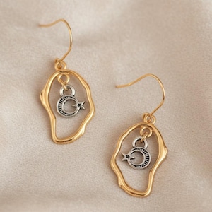 Crescent Moon Star dangle earrings, Two-Tone - - LadybugfeetDesigns -