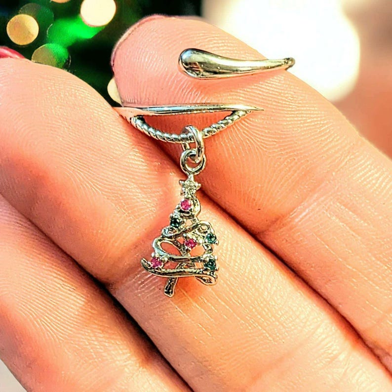 Christmas Tree Charm Dangle Wrap Ring - - LadybugfeetDesigns -