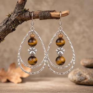 Dog/Cat Paw Tiger's eye Hammered Teardrop Hook Earrings, Silver - - LadybugfeetDesigns -
