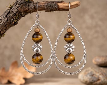 Dog/Cat Paw Tiger's eye Hammered Teardrop Hook Earrings, Silver
